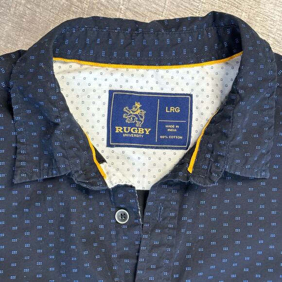 Rugby University Short Sleeve Button Down Shirt Men L Navy Cotton Preppy Hipster - Picture 5 of 5